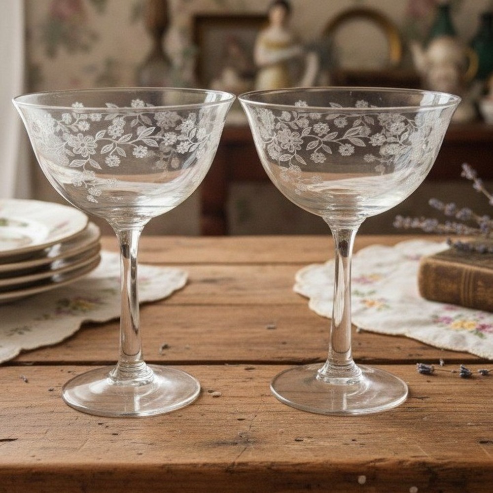 2 Vintage Lenox Castle Garden Etched Champagne Sherbet Coupe Glasses